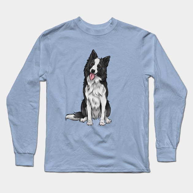 Black and White Border Collie Dog Long Sleeve T-Shirt by Shirin Illustration